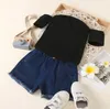 Zomer kids baby meisjes kleding sets kinderen effen zwart off schouder korte mouw T-shirt + denim shorts jeans outfits