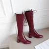 Autumn Knee High Boots Women Natural Genuine Leather Thick Heel Long Lace Up Square Toe Shoes Lady Size 3-10 210517