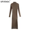 Women Chic Fashion Stretchy Slim Side Slit Midi Knit Dress High Neck Long Sleeve Female Dresses Vestidos 210420