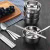 Picnic Tourist Tableware Set Camping Stainless Steel Cutlery Bowl Chopsticks Spoon Suit Bag Outdoor Travel Hiking Accessories 211222