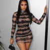 Sisterlinda Sexy Malha Transparente Bodycon Mini Vestidos Mulheres Manga Longa Striped Sheer Stretchy Stretchy Slim Night Party Party Clubwear Y1006