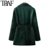 TRAF Women Fashion With Belt Velvet Blazer Coat Vintage Long Sleeve Pockets Female Outerwear Chic Veste Femme 210415