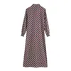 Rahat Geometrik Baskı Midi Elbise Sonbahar Bahar Boe Kravat Yaka Zarif Gömlek Uzun Kollu ES Kadınlar için 210515