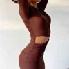 Outono inverno Sexy Mulheres Bodycon Dress Hollow Out 2021 Algodão Brown O Neck Manga Longa Elegante Mulheres Vestidos De Partido Mini Club Y1204