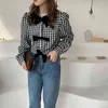 Spring Retro Gentle Bow Blouses Plaid Tops Streetwear Office Lady Casual Chic All Match Stylish Shirts 210525