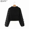 Zevity femmes mode Appliques en mousseline de soie lanterne manches Patchwork court tricot pull dames Chic pulls hauts S631 211120