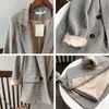 Koreanischen Stil Chic Plaid Blazer Frauen Büro Tragen Lange Hülse Weibliche Jacke Vintage Lose Taschen Zweireiher Mantel 210515