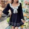 Women Autumn Spring Japanese Collage Style Mini Dress Navy Blue Long Sleeve Sweet Bow High Waist Jk Sailor Collar Uniform 210520