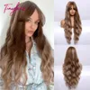 Long Water Wavy Golden Brown Blonde highlight Synthetic with Bangs Wigs For Women Cosplay Heat Resistant Fiber5916048