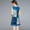 Llzacoosh Summer Women Flower Print Blue Vintage Bez Rękawów O-Neck Slim Mini Lady Casual Dresses Vestidos 210514