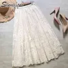 Printemps été femmes Style coréen blanc noir dentelle évider taille haute Midi longue Tulle jupe femme 210421