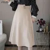 Spring Women Double Button Medium A-line Skirt Casual Female Solid Color Office Lady Beige Skirts 210430