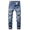 Herren Jeans Cross Border Wear Loch Slim Hellblau Zweifarbige Lokomotive Stickerei Außenhandelshose