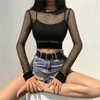 2020 Newest Hot Women`s Sexy Crop Top Sheer Mesh Fishnet Long Sleeve T-Shirts Female Sexy Hollow Out Stretch T-Shirt Clubwear X0628