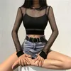 2020 Новые Горячие Женские Сексуальные Урожай Верхняя Сетка Сетка Fishnet С Длинным Рукавом Футболки Женский Сексуальная Полая OUT T-Футболка Clubwear X0628