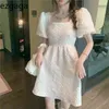 ezgaga 여름 새로운 빈티지 미니 드레스 여성 퍼프 슬리브 스퀘어 칼라 프랑스 스타일 높은 허리 단색 달콤한 패션 Vestidos 210430