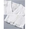 Autumn White Embroidery Blouse Retro High Waist Short V-neck Puff Sleeve Lace Shirt Women Blusas Mujer De Moda 10536 210521