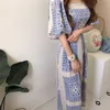 Summer Beach Midi Sukienka Kobiety Floral Print Boho Long Casual Square Neck Seksowny Puff Sleeve Party Robe Femme 210529