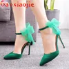 Dress Shoes Summer Cool Suede Women Sandal Green Pointed End 11CM Buckle Strap Super High Heels Black Cover Heel Ribbon Bow Stiletto