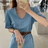 Nomikuma gegen Neck Puff Ärmel Denim Kleid Frauen Feste Farbschärpe Schnüre -up -Vintage -Kleider weibliche Sommer Korean Vestidos 3b817 210514