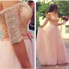 New Arrivals Pink Lace Appliques Prom Dresses Half Sleeves Off Shoulder Beaded Tulle Bow Plus Size Pageant Party Dress Formal Evening Gowns