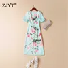 Europe Fashion Summer Floral Print Runway Dress Short Sleeve Robe Elegant Women Sweet Office Party Vestidos Green 210601