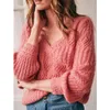 Jastie French Spring Women Hollow Out Knitted Sweater Mohair Long Sleeve V Neck Pullover Knitwear Winter Clothes Women Sweaters 210419