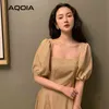 Bahar Kore Tarzı Bayan Elbise Vintage Düz Renk Fener Yarım Kollu Bayanlar ES Square Yaka İmparatorluğu Parti 210521