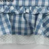 Chic Tartan Mavi Blusas Mujer De Moda Vintage Merkezi Yay Kadın Bluz Düğmeler Puf Kollu Kırpma Kısa Kollu Top 210520