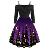 Dames Pompoen Party Print Jurk Halloween Lange Mouw V-hals Vintage Casual Plus Size Jurken Vestido Corto Mujer FD Y0903