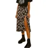 Women Summer Split Leopard Skirts Green Fashion Long Skirt Sexy Streetwear Loose Lady Clothes Black Mid Calf 210629