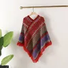 Spring, Autumn and Winter Loose Cloak Tassel Shawl Rainbow Striped Knitted Top Pullover Sweater Jacket Women UK063 210506