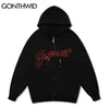 Gonthwid Hooded Jackets Harajuku Embroidery Letras Zíper Com Capuz Com Capuz Casas Casacos Casaco Streetwear Hip Hop Casual Tops 211013