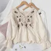 Stitching Contrast Color Blouse Lace Hook Flower Hollow Knitted Buttoned V-neck Autumn All-match Shirt GX1171 210506