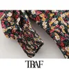 TRAF Femmes Chic Mode Floral Imprimer Mini Robe Plissée Vintage Épaulettes Avec Doublure Robes Féminines Robes Mujer 210415