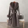 Дизайнерское пальто из настоящего двустороннего кроличьего меха, женское зимнее пальто средней длины, облегающее кожаное воротник из лисьего меха, манжеты, меховая одежда
