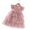 2  -  10年のためのピンクのヴィンテージの長いドレス年齢 -  10歳の女の子のレースのスパンコール王女の衣装夏の子供のカップケーキのドレス赤ちゃんの女の子のフロックQ0716