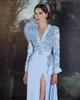 Feather Light Blue Evening Dresses Deep V Neck Long Sleeves Lace Appliques Prom Dress Formal Party Pageant Gowns Custom Made Side Split Sash Robe de mariée