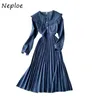 Neploe Peter Pan Col Big Swing Robes plissées Femmes Printemps Élégant Chic Bouton Femme Robes Rétro Slim Fit Robe 210422