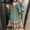 Kobiety Loose O Neck Floral Print Sukienki Wiosna Lato Boho Mini Dress Kobieta Z Długim Rękawem Casual Sundress Vestidos 210413