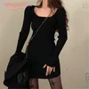 Aelegantmis Vintage Women Knitted Dress Mini Brief Korean Soft Squre Collar Loose Female Ribbed Sweater Vestidos 210607