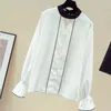 Vintage Solid Office Lady Shirts Autumn Flare Long Sleeve Chiffon Blosue Top Female Wild Beading Hollow Women shirt 11153 210427