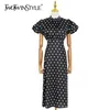 Imprimer Polka Dot Dress Pour Femmes Col Montant Manches Bouffantes Taille Haute Élégant Midi Robes Femme Mode Vêtements 210520