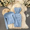 Women's v-neck long-sleeved casual knitted cardigan top With dress women's chest bow-knot slim suspender two-piece women 210420