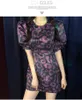 Pattern Korean VersionShort Sleeve Slim Round Neck Collect Waist Fashion Purple Colour Leopard Dress Princess Skirt 210506