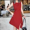 Fashion Summer Women Solid Color Elegant Dress Vestidos Sleeveless Ruffled Irregular Red Dresses 210520
