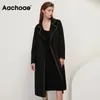Aachoae المرأة الأنيقة 100٪ الصوف معطف طويل الشتاء مخطط طويل الأكمام الزنانير أبلى معاطف رفض طوق الأسود معطف 210413