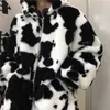 Winter Women Fleece Jackets Furry Teddy Coat Harajuku Milk Cow Print Faux Fur Jacket Vintage Hip Hop Warm Streetwear 211025
