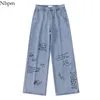 Nm moda bordado dos desenhos animados graffiti mulheres bonito jeans largo mulher mulher cintura alta cintura soleteira calças calças 210629