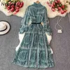 Neploe Vintage Print Bohemian Holiday Dress Women High Waist Hip Sashes A Line Long Vestidos Spring Robe Long Sleeve 210510